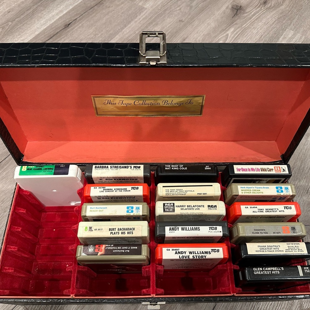 Vintage 8-Track Tape Collection in Black Case
